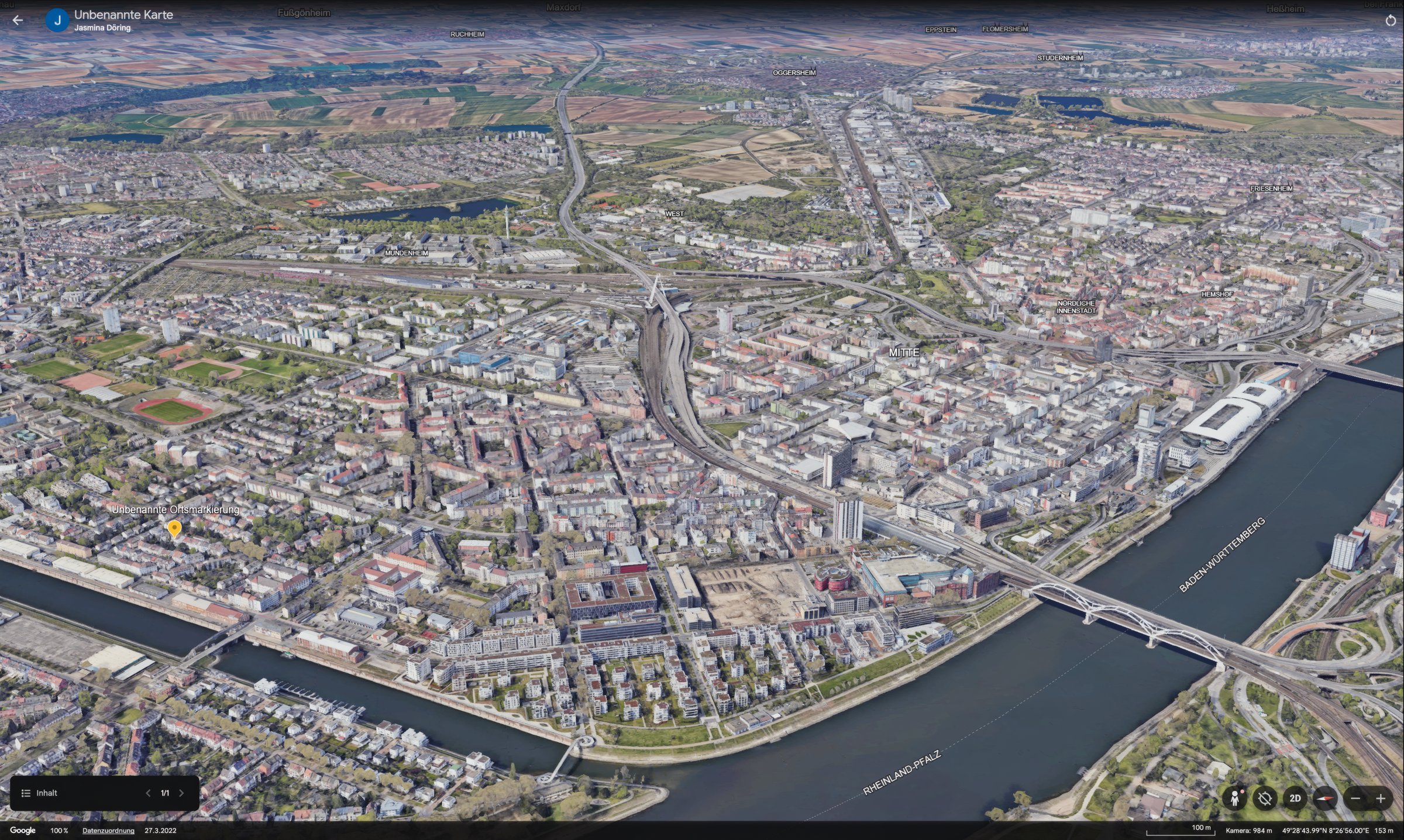 Luftansicht von Ludwigshafen am Rhein mit Rhein und 3D-Gebäudedarstellung